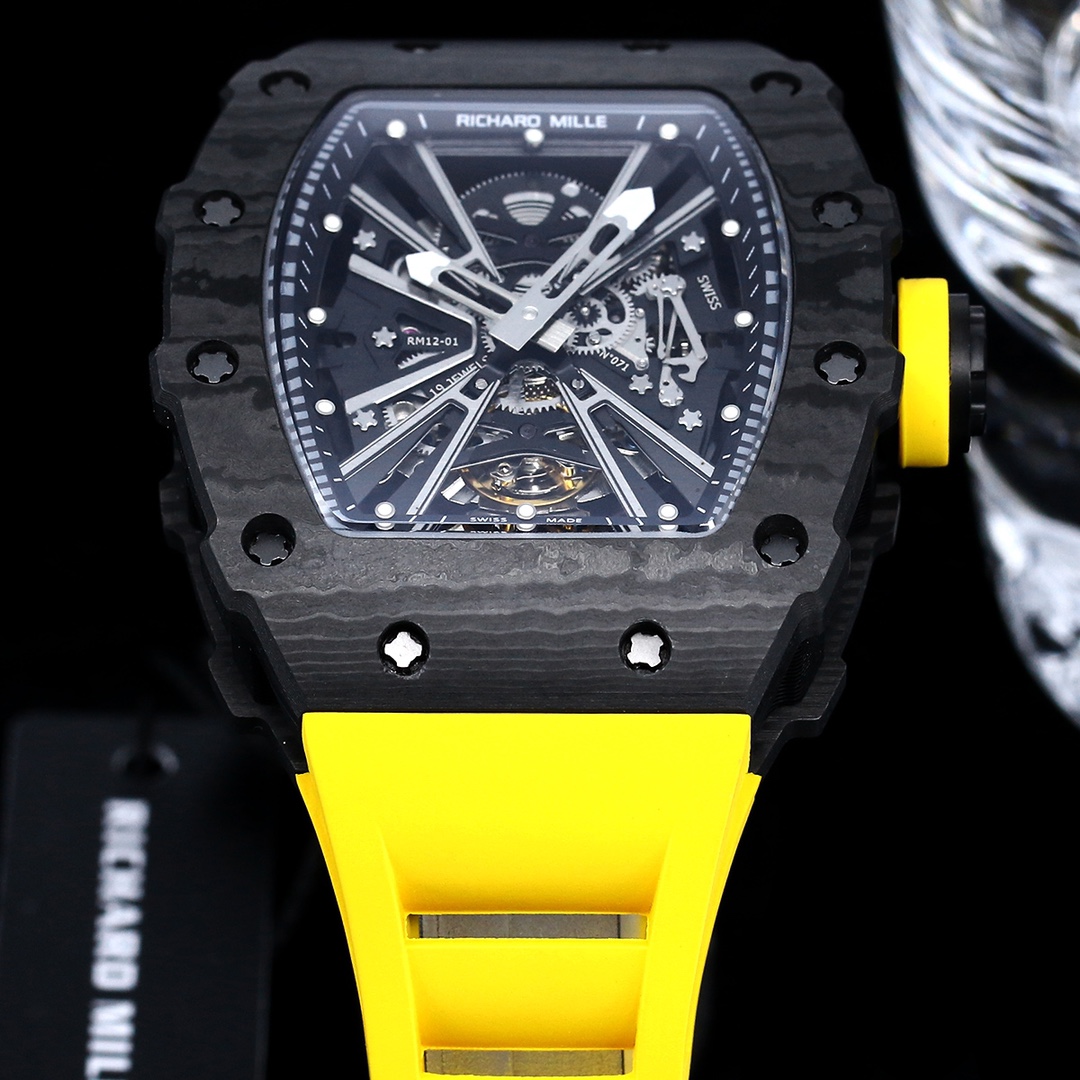 Swiss Replica Richard Mille RM 12-01 Tourbillon – Bold Yellow Rubber Strap, Skeleton Dial, Carbon Case