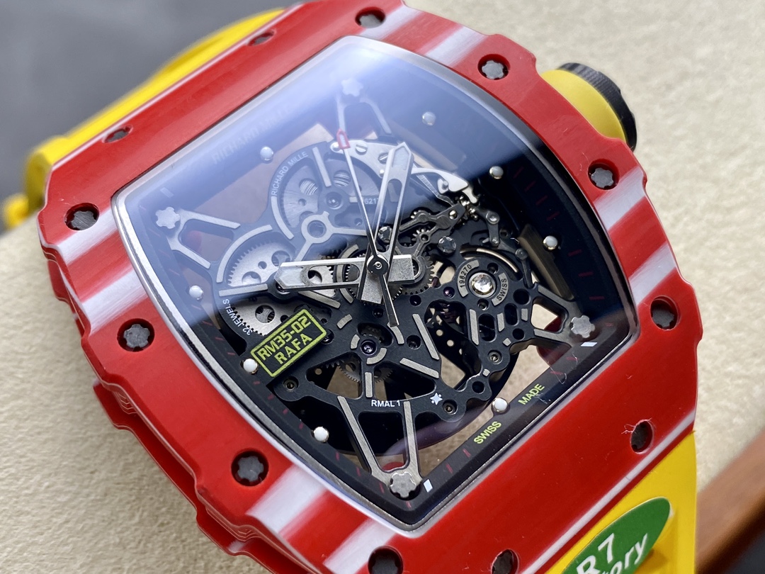 Stylish Swiss Replica Richard Mille RM 35-02 Rafael Nadal Watch – Carbon Fiber Skeleton Dial, Yellow Rubber Strap