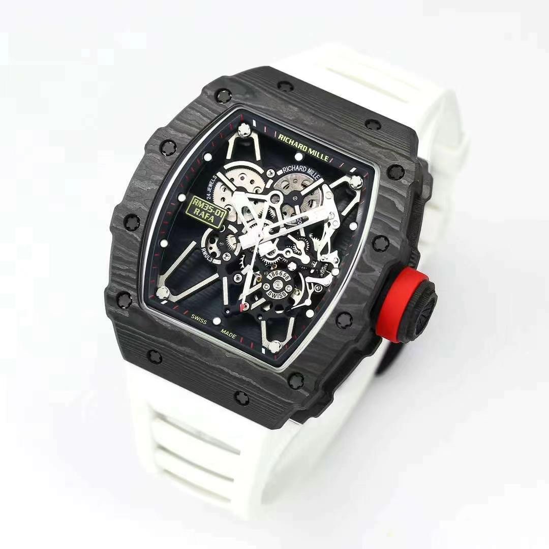 Top Swiss Replica Richard Mille RM35-01 – Carbon Fiber Case & White Rubber Strap