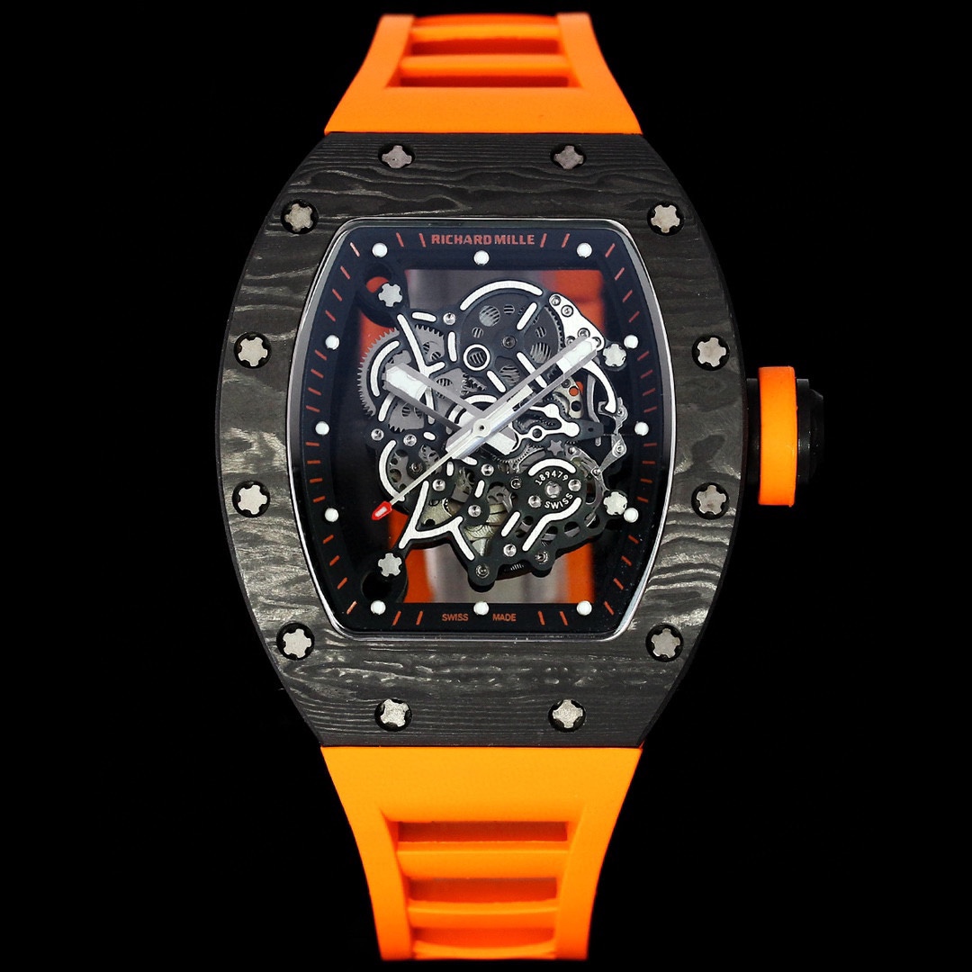 Replica Richard Mille RM 055 – Bold Carbon Case & Skeleton Dial With Vibrant Orange Rubber Strap