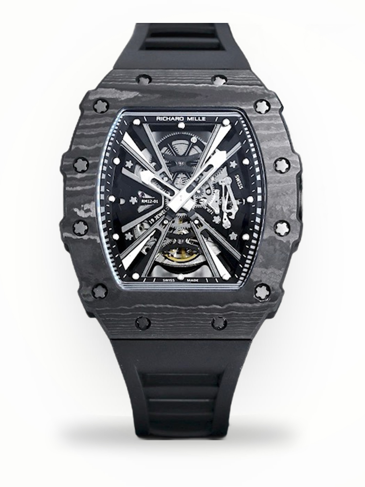 Luxury Replica Richard Mille RM12-01 Tourbillon With Black Carbon Bezel, Black Rubber Strap