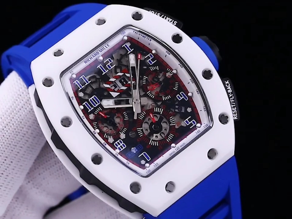 Luxury Replica Richard Mille RM 011-FM Watch – White Ceramic Case, Skeleton Dial, Blue Rubber Strap