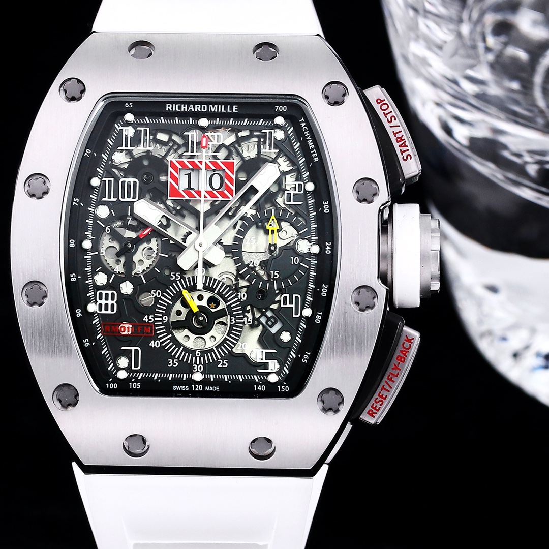 Luxury Swiss Replica Richard Mille RM 011 50mm Watch – Skeleton Dial, White Rubber Strap, Sporty Elegance