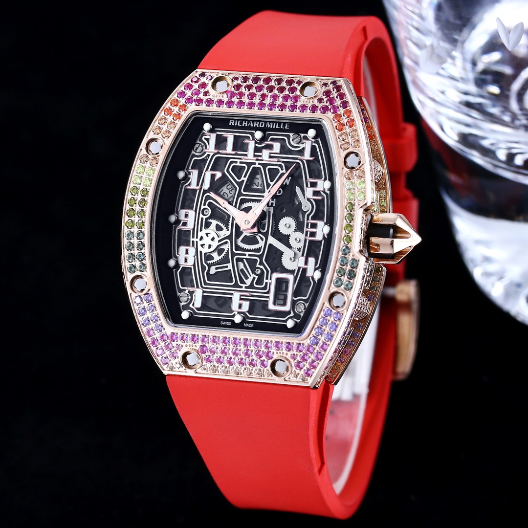 Luxury Replica Richard Mille RM 67-01 Colored Diamond Bezel Red Strap Watch – Skeleton Dial Men’s Timepiece