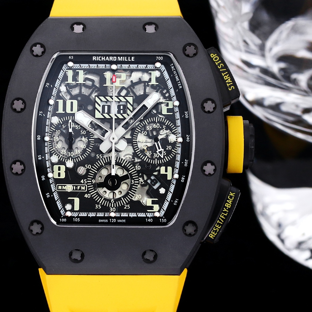 Swiss Replica Richard Mille RM 011-FM Watch – Carbon Fiber Barrel Case, Skeleton Dial, Premium Yellow Rubber Band