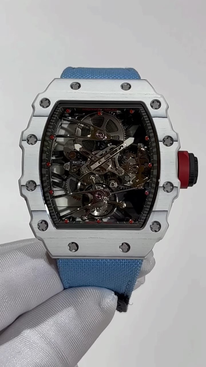 Best Richard Mille RM 27-02 Replica Rafael Nadal Tourbillon Watch – White Carbon Fiber Case, Blue Fabric Strap