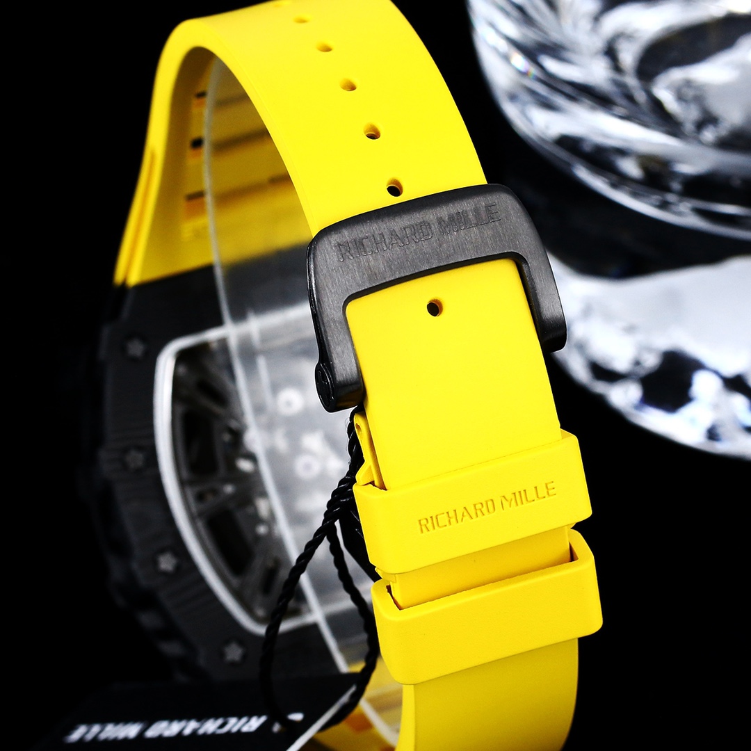 Swiss Replica Richard Mille RM 12-01 Tourbillon – Bold Yellow Rubber Strap, Skeleton Dial, Carbon Case