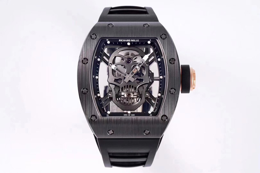 Richard Mille Replica RM 052 Black Strap Black Skeleton Skull Shape Dial