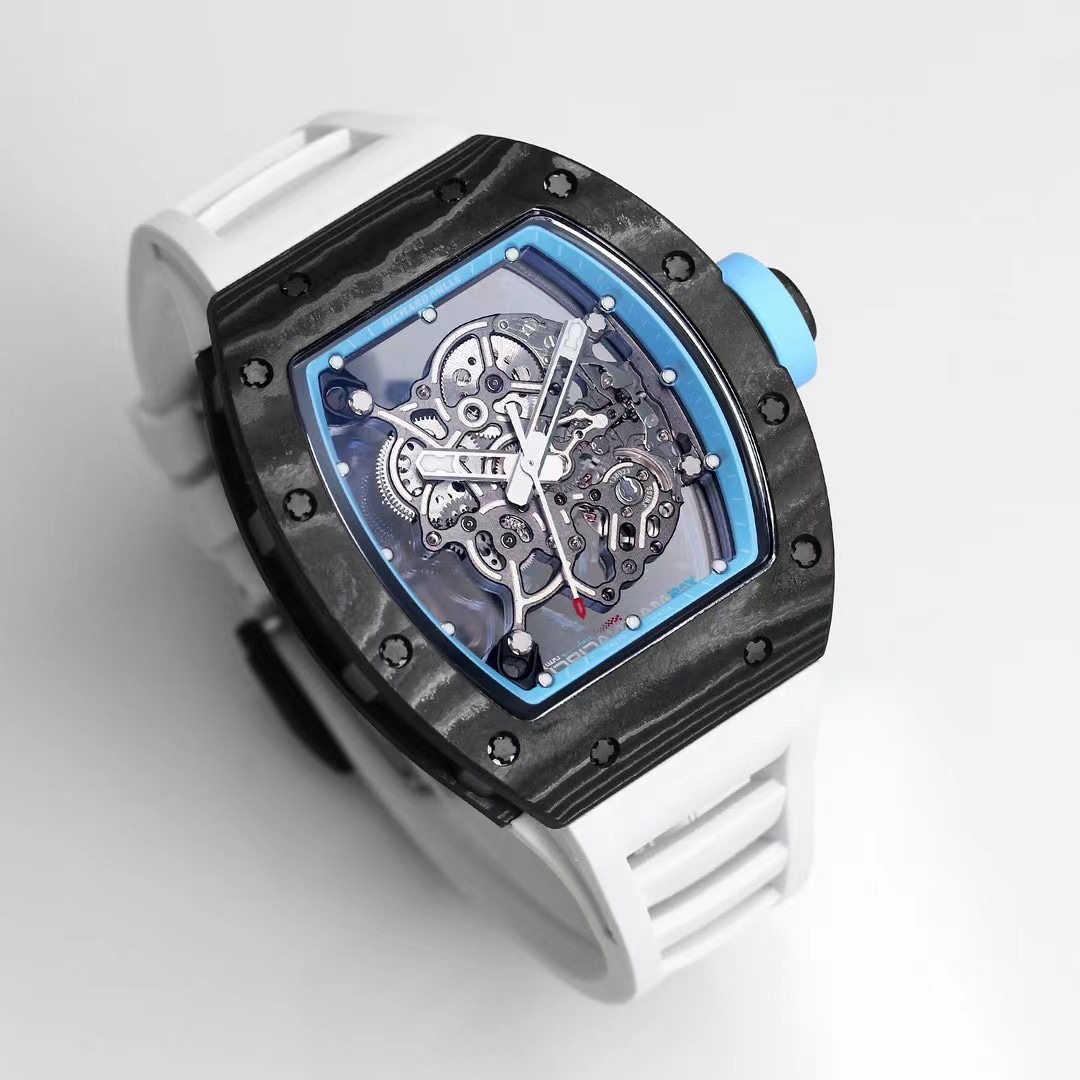 Best Replica RICHARD MILLE RM 055 Skeleton Watch - Swiss Movement Super Clone, Carbon Fiber Case, Sporty White Rubber Strap