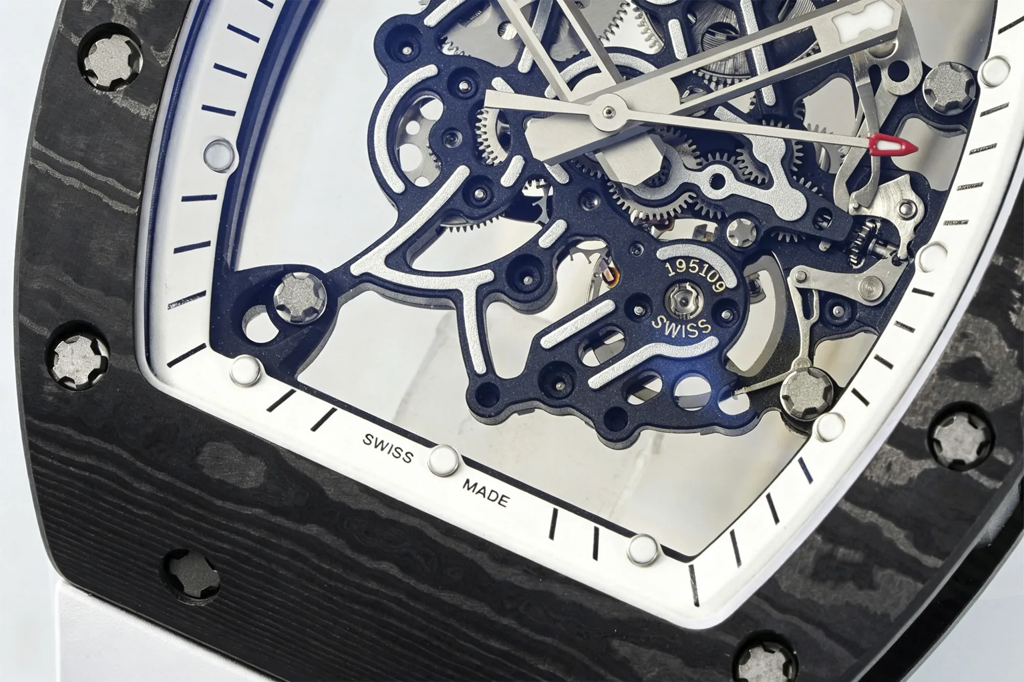 Richard Mille RM055 Skeleton Swiss Replica, Titanium Carbon Fiber Case, White Rubber Strap