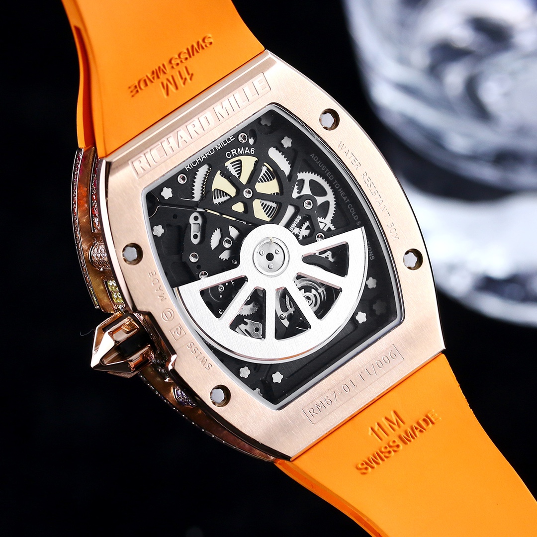Luxury Replica Richard Mille RM 67-01 Rainbow Diamond Bezel With Orange Rubber Strap Watch