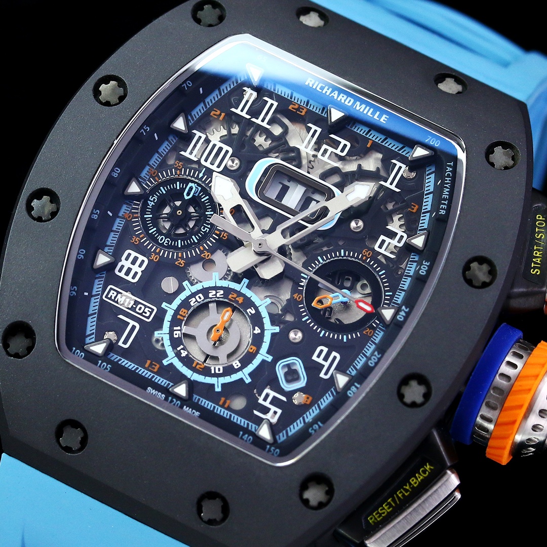 Best Replica Richard Mille RM 11-05 Swiss Watch – Blue Rubber Strap, Skeleton Dial, Carbon Fiber Case