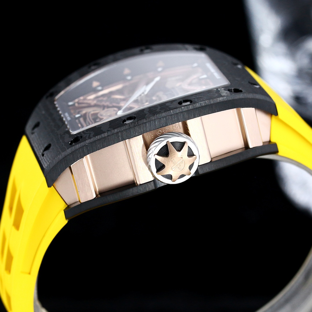 Swiss Samurai Skeleton Replica Richard Mille RM 047 Tourbillon Watch With Carbon Case And Yellow Rubber Strap