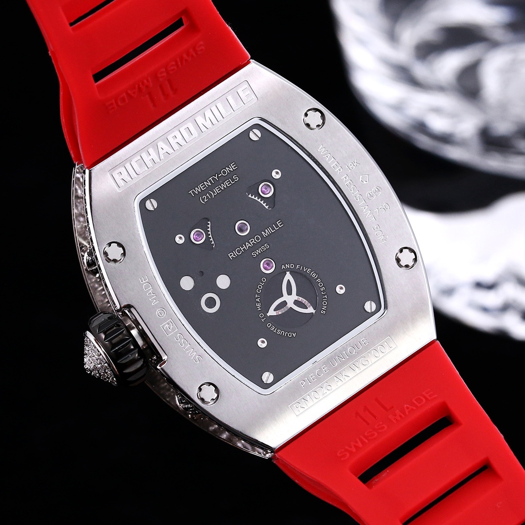 Luxurious Richard Mille RM 026 Replica Watch – Swiss Movement, Diamond-Set Steel Case, Red Rubber Strap For Elegance