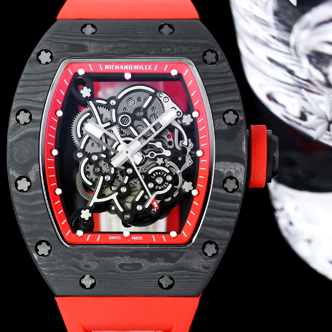 Swiss Replica Richard Mille RM 055 NTPT Carbon Watch With Red Strap – Sporty, Luxurious, and Precision Engineered